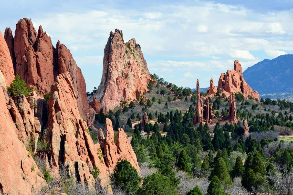 Garden of the Gods red rock formations with Pikes Peak