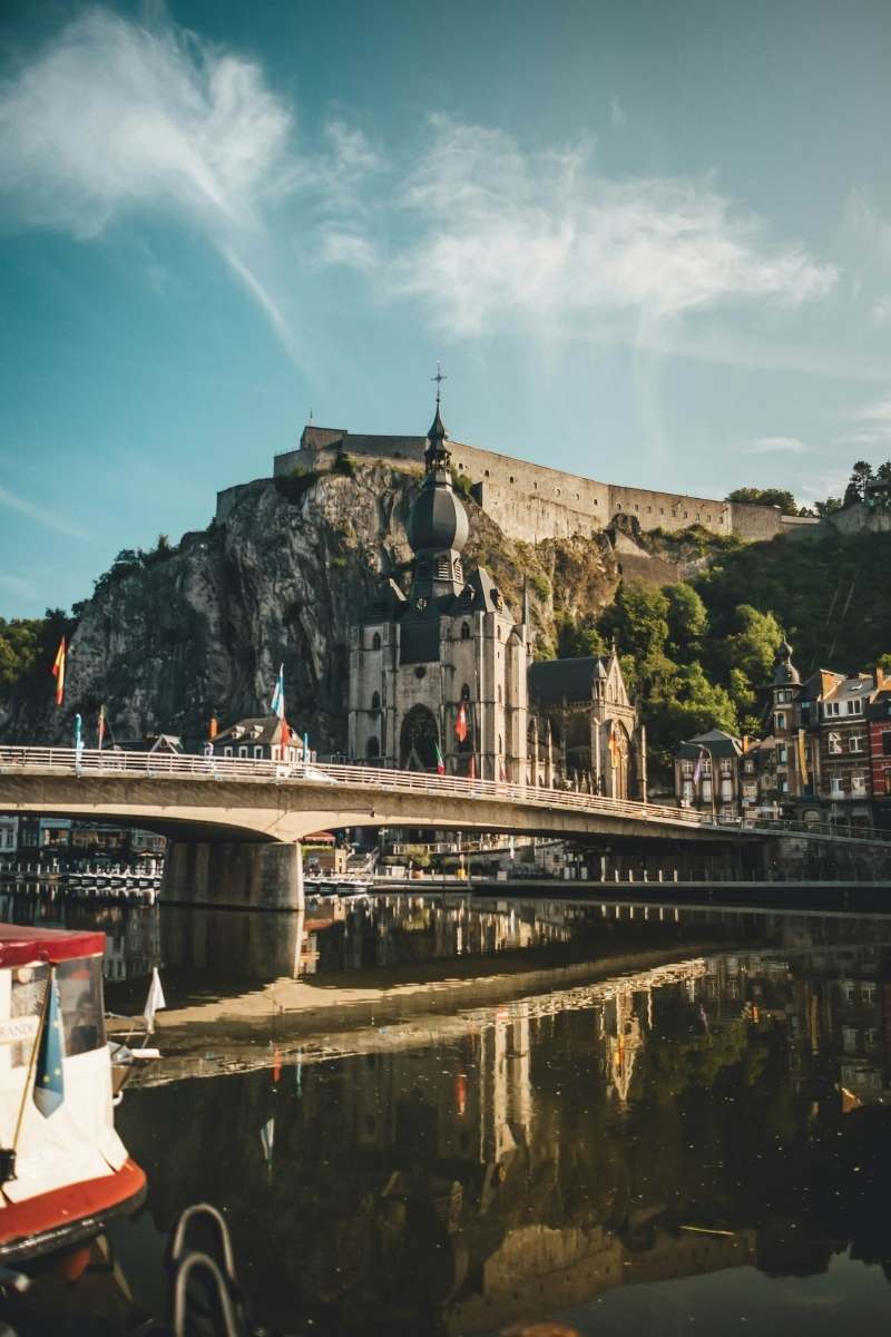 The Charles de Gaulle Bridge with saxophone sculptures, Dinant
